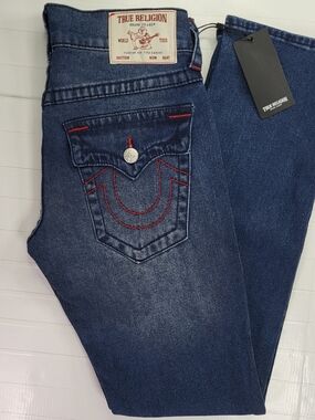 True Religion Men's 30x34 Dark Blue Jeans with Red Stitching